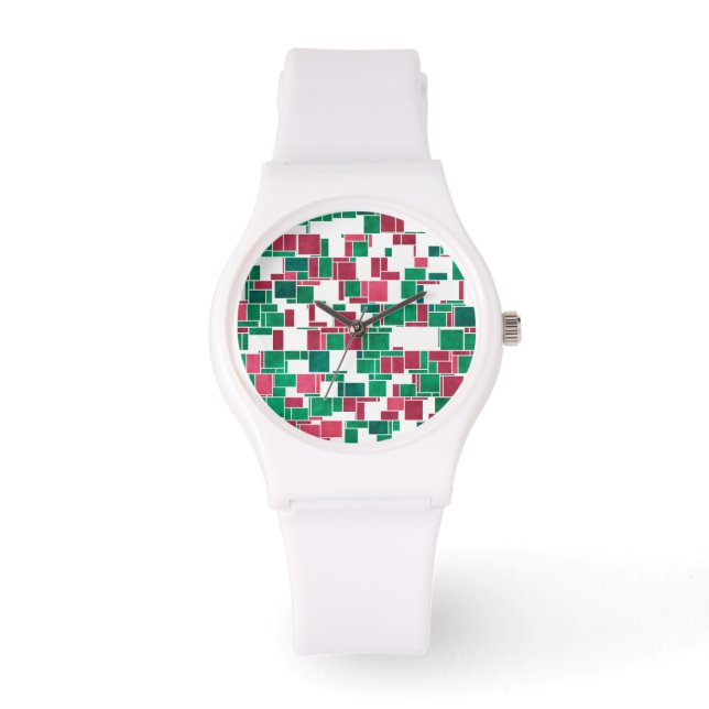 Modern Bold Rood en Groen Kerstmis Mondriaan Horloge (Voorkant)