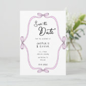Modern Bold Roze Bow foto Huwelijk Save the Date Kaart (Staand voorkant)