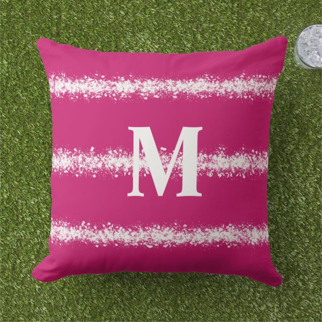 Modern Bold Roze Wit Splatter Stripes Patroon Buitenkussen (Gras)