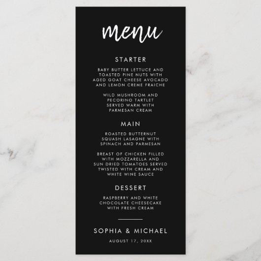 Modern Bold Script Black And White Wedding Menu (Voorkant)
