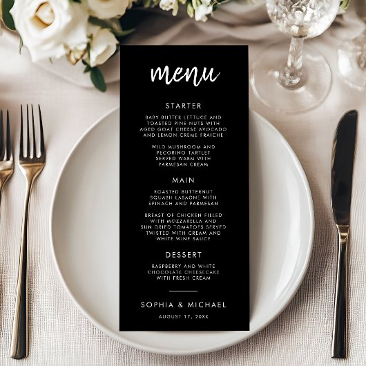 Modern Bold Script Black And White Wedding Menu