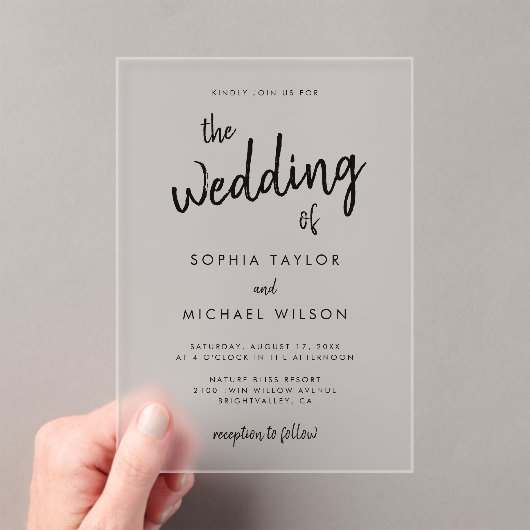 Modern Bold Script Black Wedding Acryl Uitnodigingen (Insitu (Draagbaar))