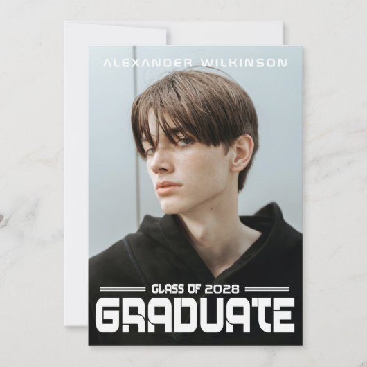 Modern Bold Script Black White Guy Photo Afstudeer Kaart (Voorkant)