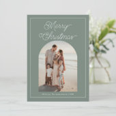 Modern Bold Script Boog Foto Olijfgroen Feestdagenkaart (Staand voorkant)