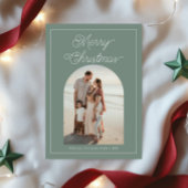 Modern Bold Script Boog Foto Olijfgroen Feestdagenkaart