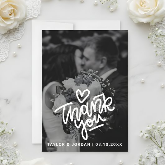 Modern Bold Script Heart Photo Wedding  Bedankkaart