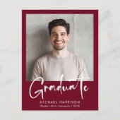 Modern Bold Script Photo Burgundy Afstuderen Aankondigingskaart (Voorkant)