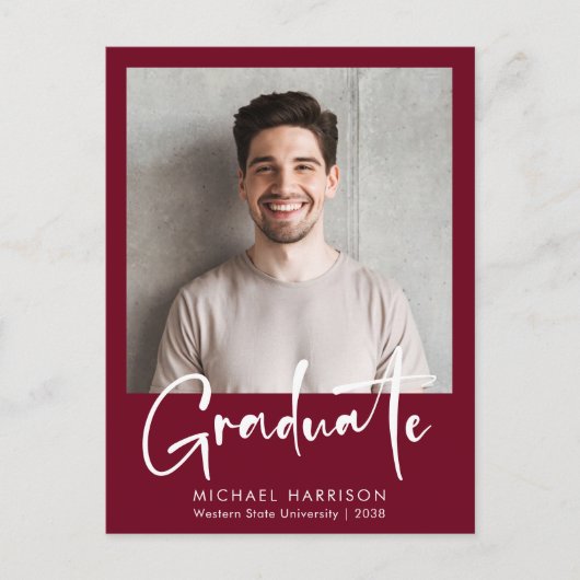 Modern Bold Script Photo Burgundy Afstuderen Aankondigingskaart (Voorkant)