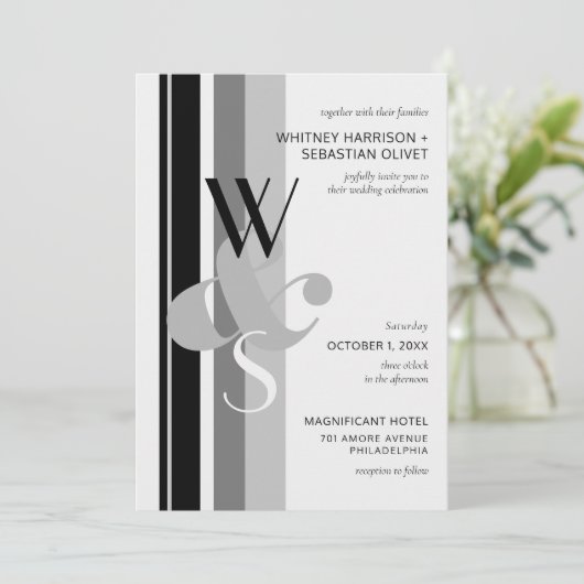 Modern Bold Stripe Monogram Ampersand Wedding Kaart (Staand voorkant)