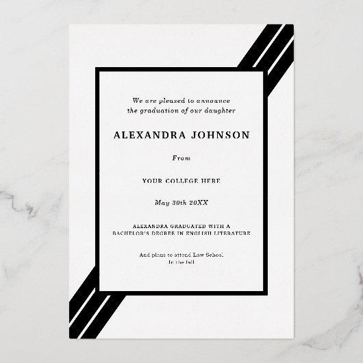 Modern Bold Stripes Afstudeerder Foto Zwart en Gou Folie Uitnodiging (Achterkant)