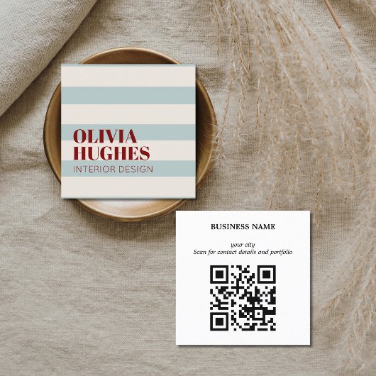Modern Bold Stripes Green Deep Red QR code Vierkante Visitekaartje