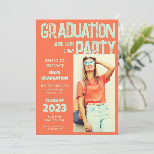 Modern Bold Terracotta Aqua Foto 2023 Afstuderen Kaart (Staand voorkant)