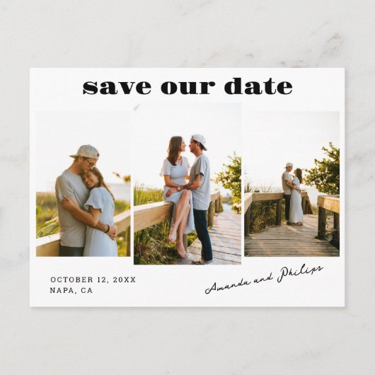 Modern Bold Text 3 Photos Wedding Save the Date Aankondigingskaart (Voorkant)