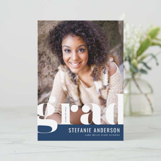 Modern Bold Typography Blue Photo Afstuderen Aankondiging (Staand voorkant)
