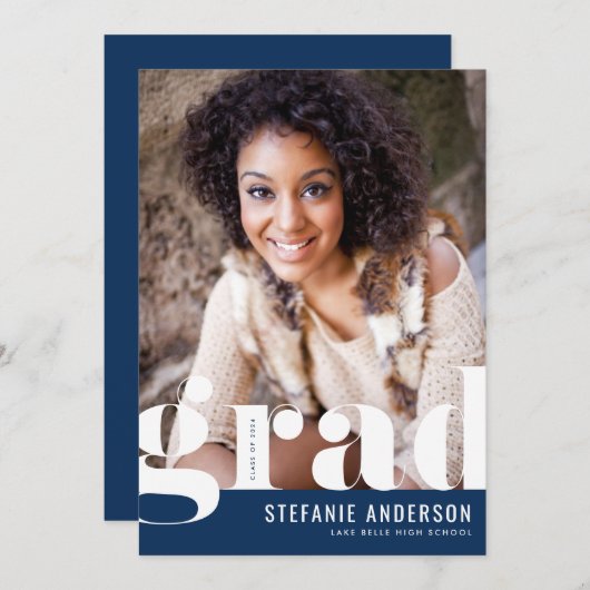 Modern Bold Typography Blue Photo Afstuderen Aankondiging (Voorkant / Achterkant)