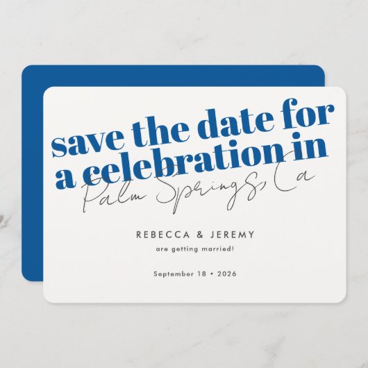 Modern Bold Typography Blue Wedding Save The Date (Voorkant / Achterkant)