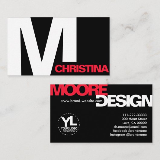 Modern Bold Typography Initiaal Black White Cool Visitekaartje (Voorkant / Achterkant)