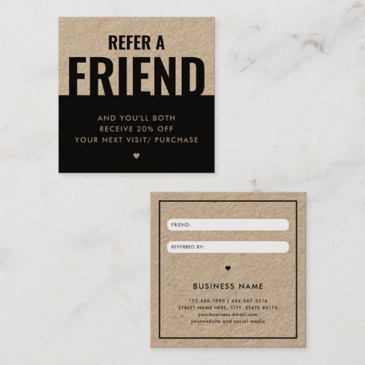 Modern Bold Verwijs een Vriend Kraft-Document Verw Vierkante Visitekaartje (Voorkant / Achterkant)