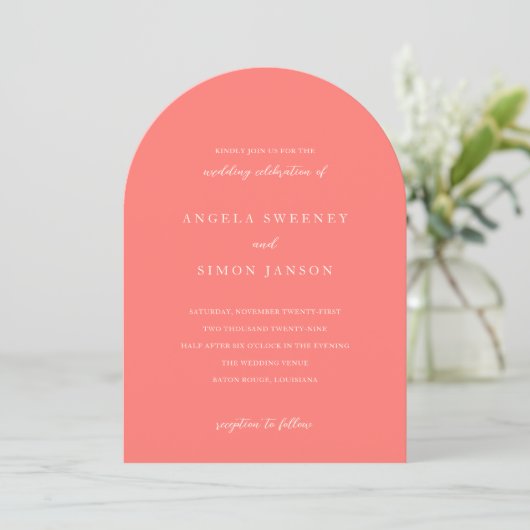 Modern Bold Vibrant Coral Simple Wedding Kaart (Staand voorkant)