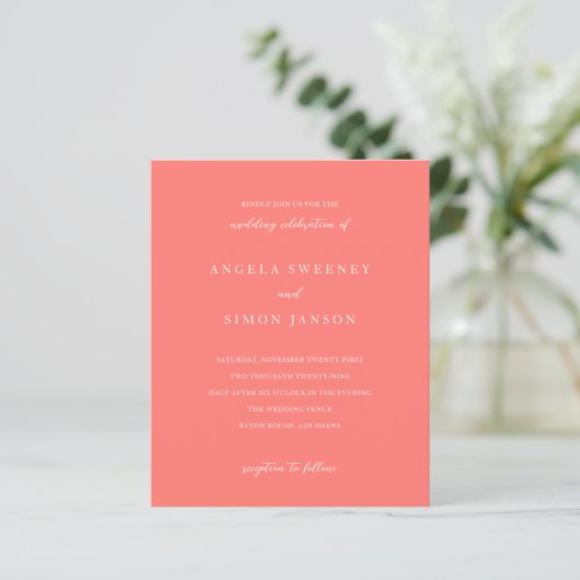 Modern Bold Vibrant Coral Wedding Invitation (Staand voorkant)