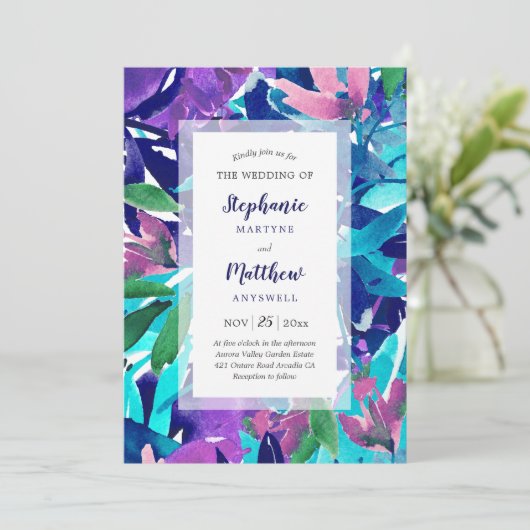 Modern Bold Waterverf Navy Paarse Aqua bruiloft Kaart (Staand voorkant)