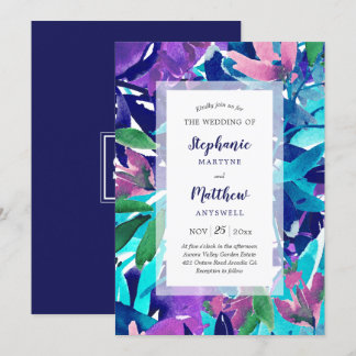 Modern Bold Waterverf Navy Paarse Aqua bruiloft Kaart