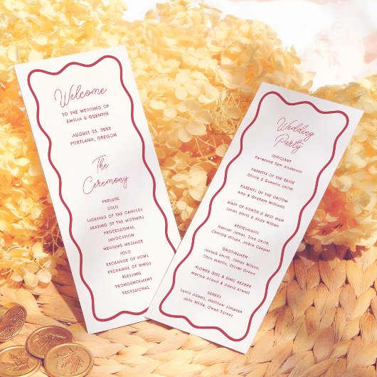 Modern Bold Wavy Frame Retro Red Wedding Programmakaart