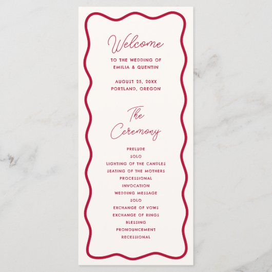 Modern Bold Wavy Frame Retro Red Wedding Programmakaart (Voorkant)