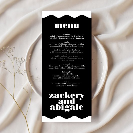 Modern Bold Wavy Framed Border Wit Zwart Bruiloft Menu