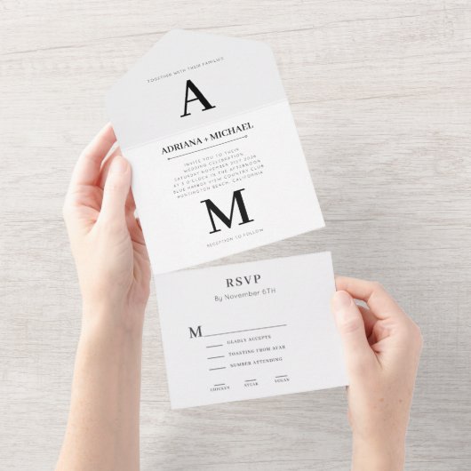 Modern Bold White Black Typography Wedding All In One Uitnodiging (Afscheurbaar)
