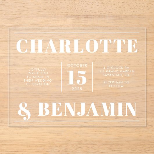 Modern Bold White Horizontale bruiloft Acryl Uitnodigingen (Voorkant)