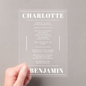 Modern Bold White minimalistisch huwelijksprogramm Acryl Uitnodigingen (Insitu (Draagbaar))