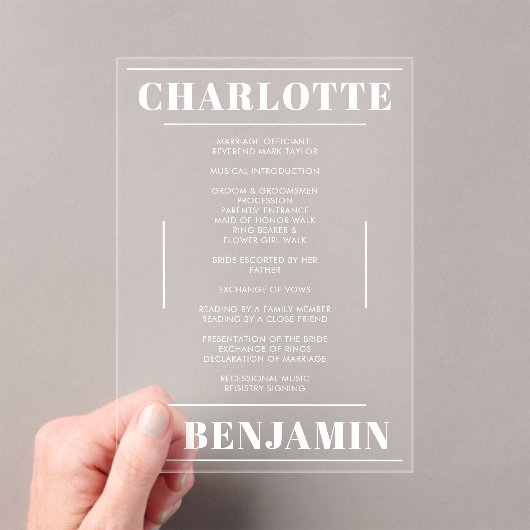 Modern Bold White minimalistisch huwelijksprogramm Acryl Uitnodigingen (Insitu (Draagbaar))