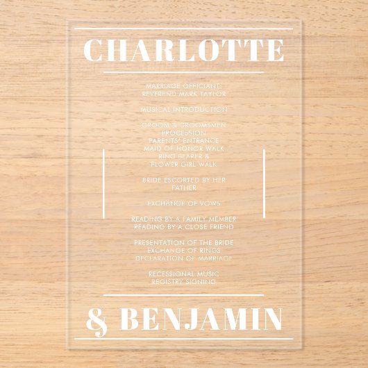 Modern Bold White minimalistisch huwelijksprogramm Acryl Uitnodigingen (Voorkant)