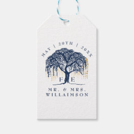 Modern Bold Willow Tree Navy Blauw Goud Bruiloft Cadeaulabel