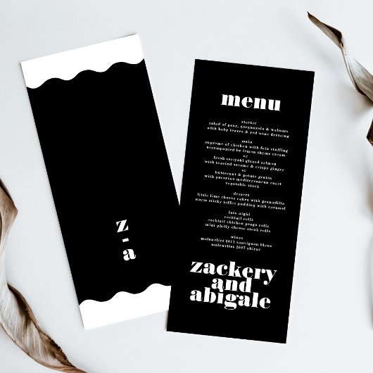 Modern Bold Wit Zwart Bruiloft Decor Menu