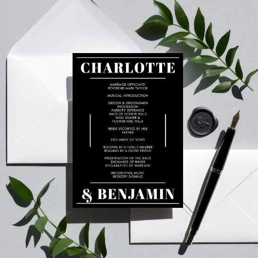Modern Bold Wit Zwart Minimalistisch Trouwprogramm Kaart