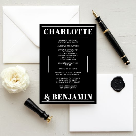 Modern Bold Wit Zwart Minimalistisch Trouwprogramm Kaart
