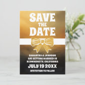 Modern Bold Zwart Goud Bow Save the Date Kaart (Staand voorkant)