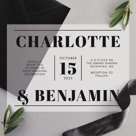 Modern Bold Zwart Horizontale Huwelijk Vellum Uitnodigingen