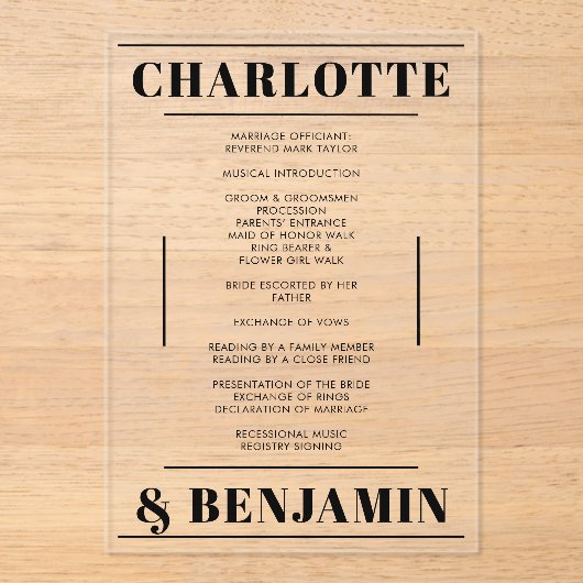 Modern Bold Zwart Minimalistisch Trouwprogramma Acryl Uitnodigingen (Voorkant)