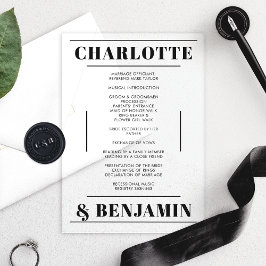 Modern Bold Zwart Minimalistisch Trouwprogramma Acryl Uitnodigingen