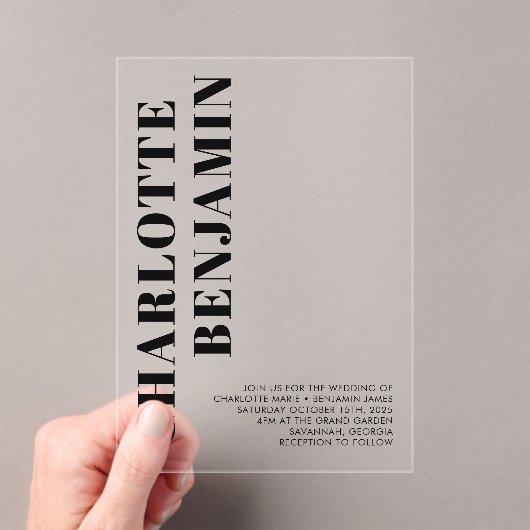 Modern Bold Zwart Minimalistische bruiloft Acryl Uitnodigingen (Insitu (Draagbaar))