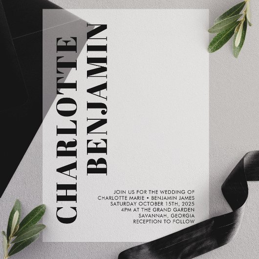 Modern Bold Zwart Minimalistische bruiloft Vellum Uitnodigingen