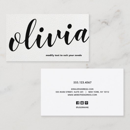 Modern Bold Zwart Wit Leren Script Kalligrafie Visitekaartje (Voorkant / Achterkant)