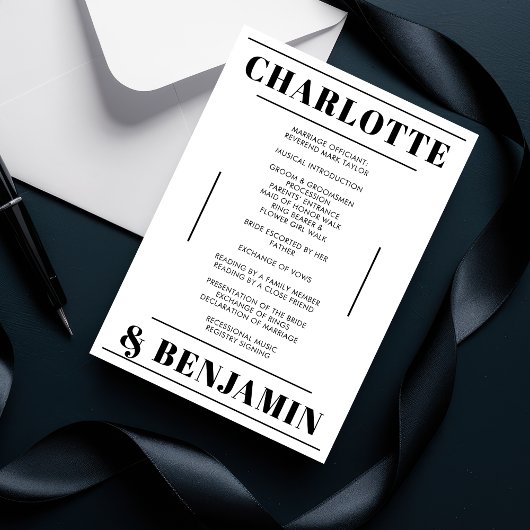 Modern Bold Zwart Wit Minimalistisch Trouwprogramm Kaart