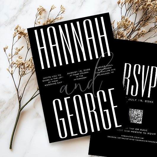 Modern Bold Zwart-wit QR Code Unieke bruiloft Kaart