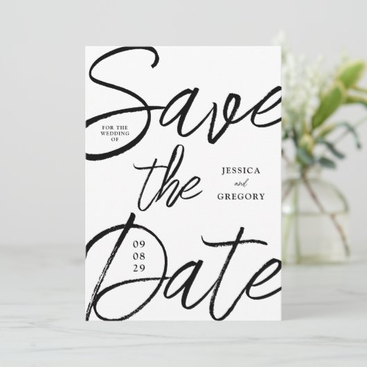 Modern Bold Zwart-Wit Script Foto Bruiloft Save The Date (Staand voorkant)