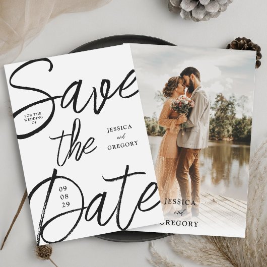 Modern Bold Zwart-Wit Script Foto Bruiloft Save The Date