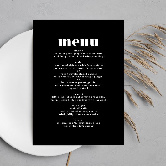 Modern Bold Zwart Wit Trouwtafel Menu